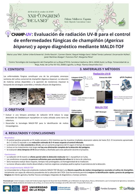 Póster: CHAMP-UV: evaluación de radiación UV-B para el control de enfermedades fúngicas en el cultivo de champiñón (Agaricus bisporus) y apoyo diagnóstico mediante MALDI-TOF