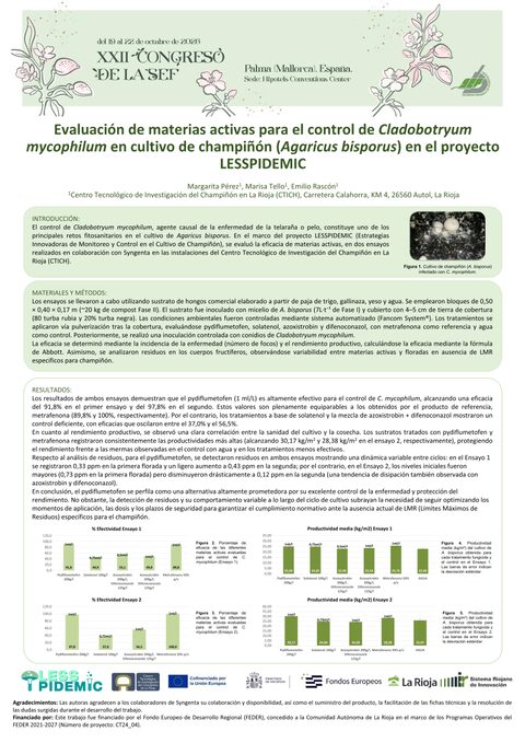 Póster: Evaluación de materias activas para el control de Cladobotryum mycophilum en cultivo de champiñón (Agaricus bisporus) en el proyecto LESSPIDEMIC